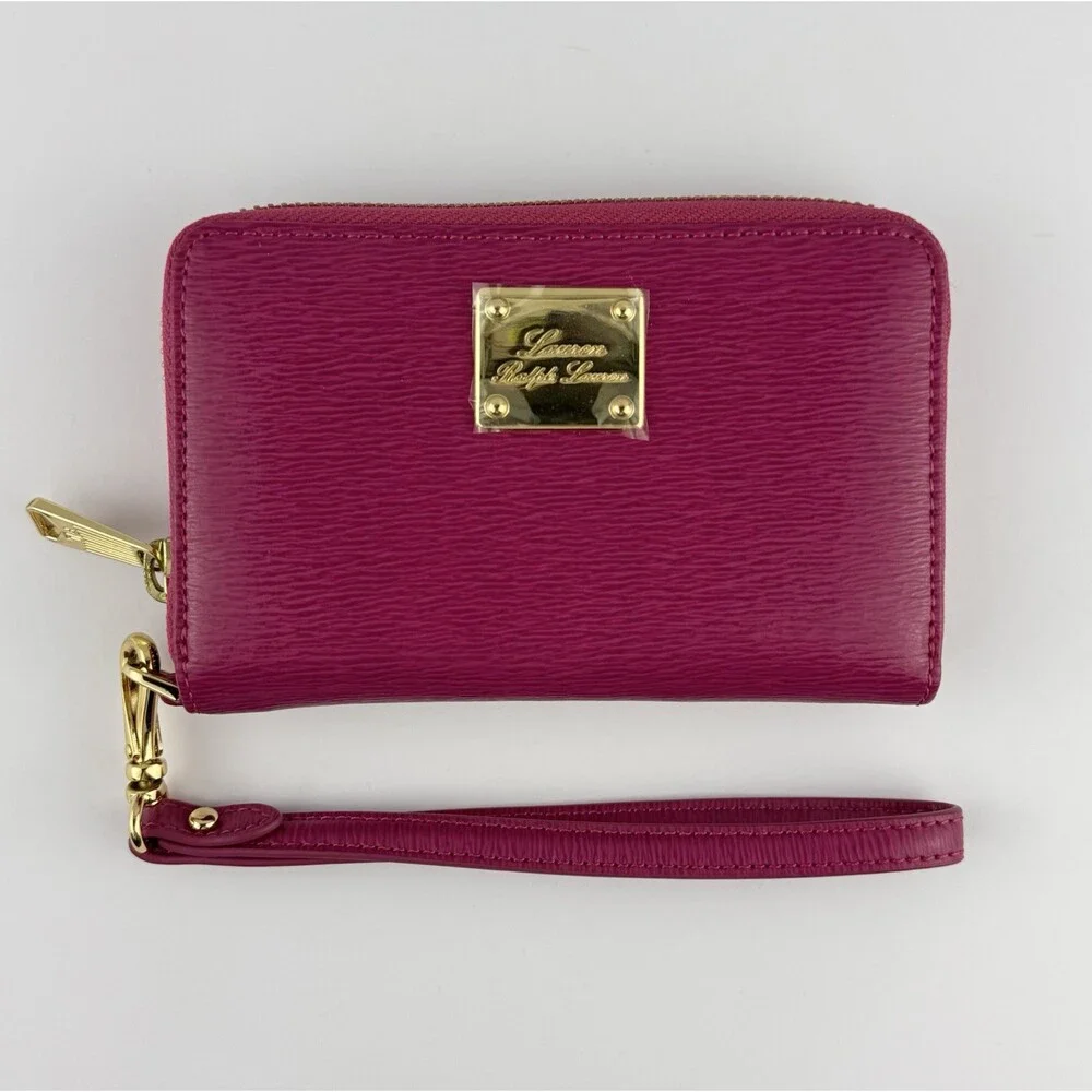 Lauren Ralph Lauren Pink Leather Wristlet Zip Around Wallet With Gold Hardware